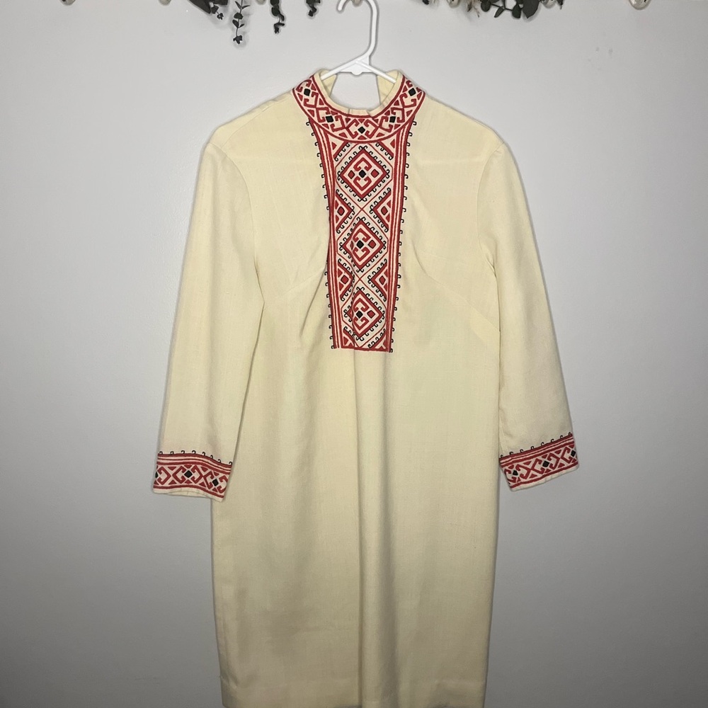 Cream Long Sleeve Dress with Red Highlights